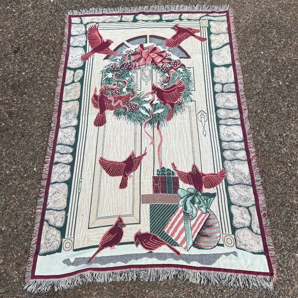 Vintage MWW 95' Christmas Cardinal Wreath Tapestry Throw Blanket Fringed Holiday